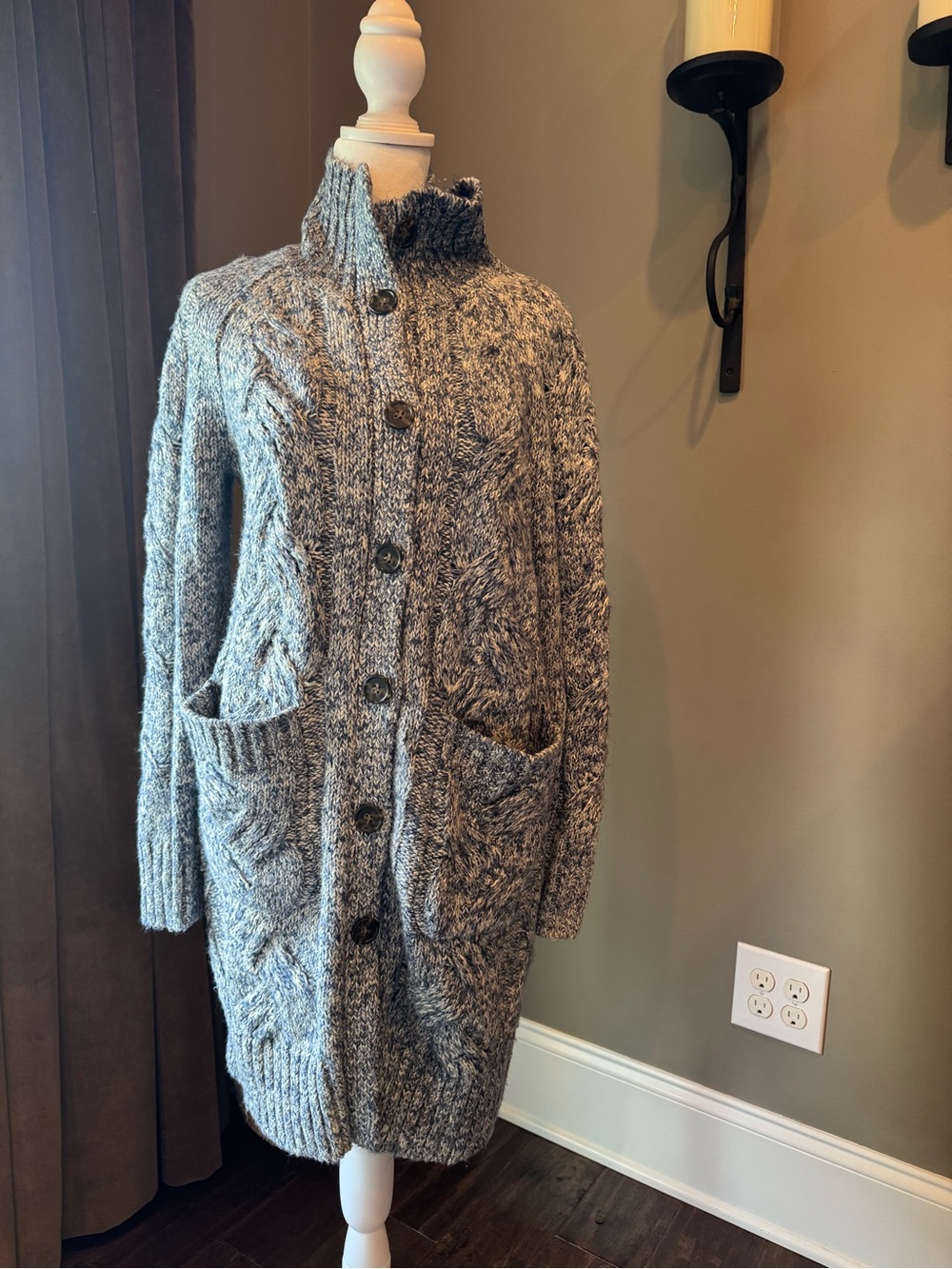 JCrew Point Sur XS Chunky Cable Knit Long Cardigan Sweater Coat Blue Gray